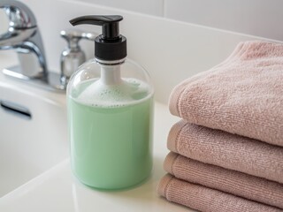 Closeup of a soap dispenser, towels, and faucet on a bathroom counter