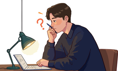 Man Thinking At Laptop Under Desk Lamp With Question Mark