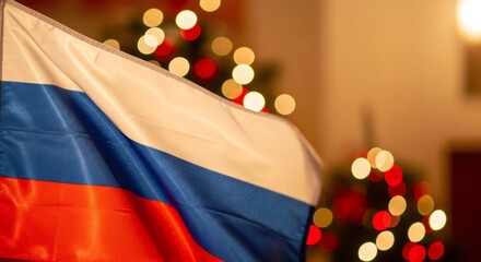 Russian flag with festive bokeh background. National holiday symbol for independence day. Patriotism and international relations concept.