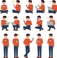 Man Using Smartphone and Laptop In Various Poses Minimal Illustration