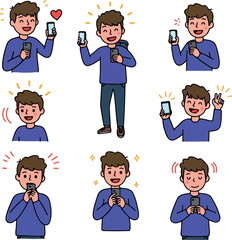 Man Using Phone With Various Happy Expressions And Emotions Flat Design Icon Set