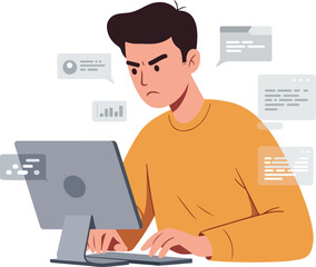 Man Typing Frustrated At Computer With Chat Bubbles And Graphs
