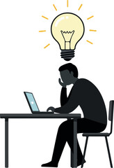 Man with Laptop Under Glowing Idea Lightbulb on White Background