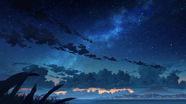 Calm Beautiful night starry sky and sea horizon cloud loop Animation Background