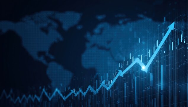 a digital background featuring an upward-trending graph with arrows, symbolizing stock market growth and global economic success Generative AI
