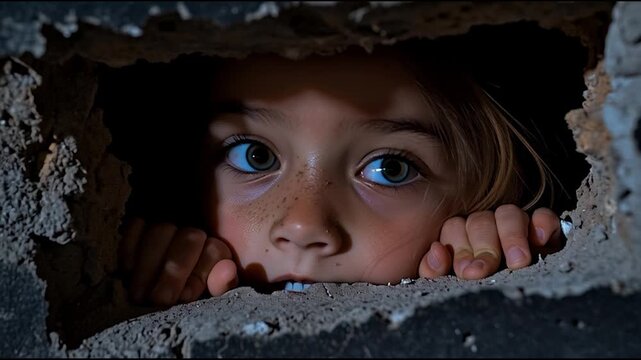 A child peeks through a hole with wide, frightened eyes