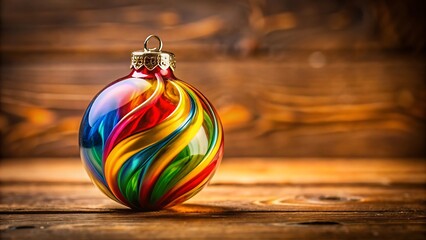 Colorful swirling christmas ornament on a rustic wooden background