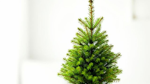 Miniature green Christmas tree in a simple white planter, ideal for festive decor, home staging, or winter season concepts