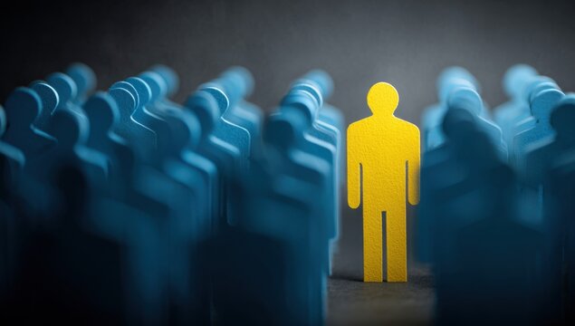A solitary yellow figure stands out amidst a blurred group of blue figures, symbolizing individuality, leadership, and the concept of standing apart from the crowd.
