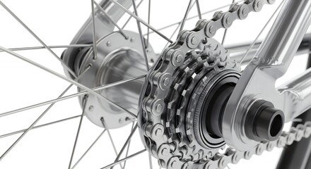 Close up of a bicycle chain and gears on a white background.