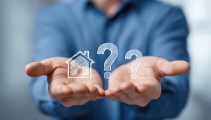 A person holds their hands open, displaying a house and two question marks, symbolizing uncertainty about a home or real estate decision.