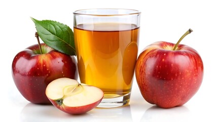 Fresh apple juice in a glass with whole and sliced apples isolated on white background
