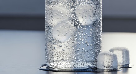 Close up of cold drink in a glass with ice cubes and condensation