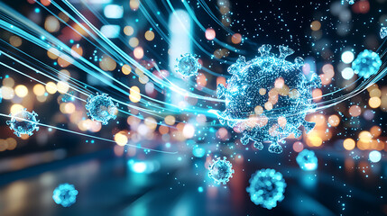 Digital representation of glowing coronavirus particles floating in vibrant, abstract environment with swirling blue lights and bokeh effects