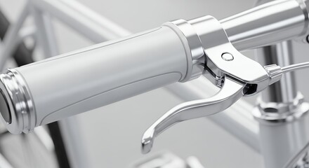 Close-up of a bicycle handlebar with a white grip and a shiny silver brake lever, highlighting the clean design and functional components of the bike.