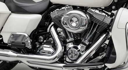 Close up view of a shiny chrome motorcycle engine.