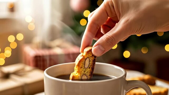 Close-up of a hand dipping a crunchy almond biscotti into a steaming hot coffee mug, set against a cozy background of blurred festive holiday lights and wrapped gifts.