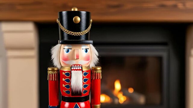 Classic wooden nutcracker soldier figurine in a vibrant red uniform and black hat, positioned in front of a cozy fireplace with a warm, glowing fire, perfect for holiday decor.