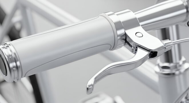 Close-up of a bicycle handlebar with a white grip and a shiny silver brake lever, highlighting the clean design and functional components of the bike. - Powered by Adobe