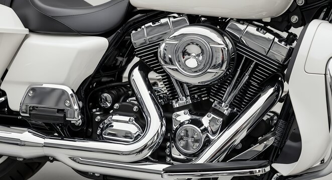 Close up view of a shiny chrome motorcycle engine.