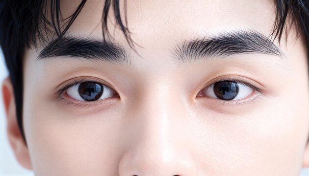 白背景の若い男性の目と眉毛のクローズアップ
