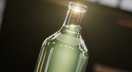 Close-up of a clear glass bottle filled with a light green liquid, illuminated from behind, creating a glowing effect at the bottles neck.