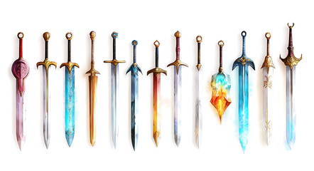 Collection of various swords including long swords, short swords, and fantasy designs showcasing intricate details and vibrant colors
