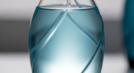 Close-up of a clear glass vase filled with blue liquid, showcasing its elegant design and the vibrant color of the water.