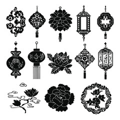 Chinese oriental pattern. Traditional Asian decorative silhouette vector ornament. Floral plant elements: sakura, lotus, peony, chrysanthemum, garnet flower. Geometric and nodal patterns, lanterns.