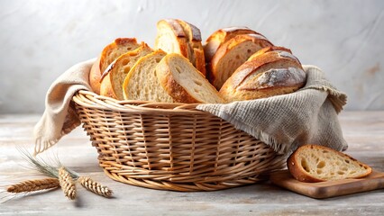 A woven basket filled with freshly baked artisan bread slices