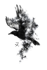 Striking tattoo design featuring raven in flight, surrounded by swirling clouds and trees, evoking sense of freedom and mystery