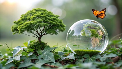A vibrant butterfly approaches a glass sphere containing a lush tree