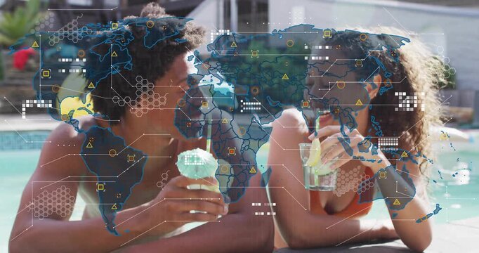 Man and woman reclining pool edge, clinking drinks, HUD map fading in and tracking marketing data