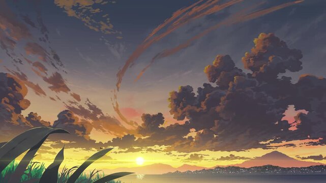 Calm beautiful sunset sky and sea horizon cloud loop animation background