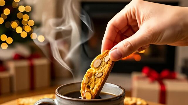 Hand dipping almond biscotti into a steaming hot coffee cup, with a cozy blurred Christmas tree and fireplace in the festive background.