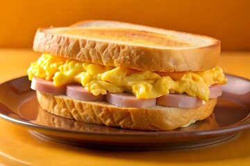 Scrambled egg sandwich with ham and cheese isolated on white background