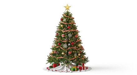 Fototapeta premium A beautifully decorated Christmas tree stands gracefully against a bright, clean white backdrop