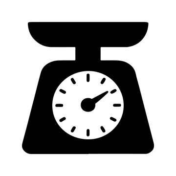 Simple black silhouette icon of a vintage kitchen scale with a circular dial and pointer indicating weight measurement on a transparent background