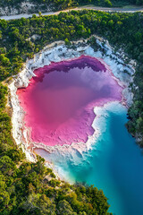 Stunning aerial view of vibrant pink lake surrounded by lush greenery, showcasing striking contrast between vivid pink and deep blue waters