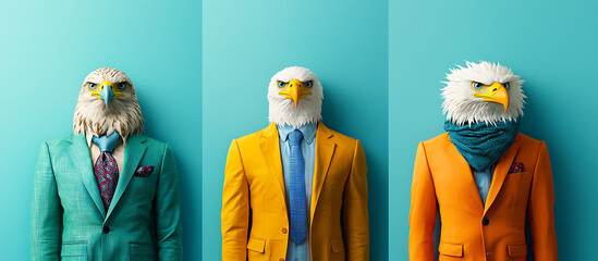 Three different eagles dressed in colorful suits and neckties, showcasing unique styles and expressions against vibrant background