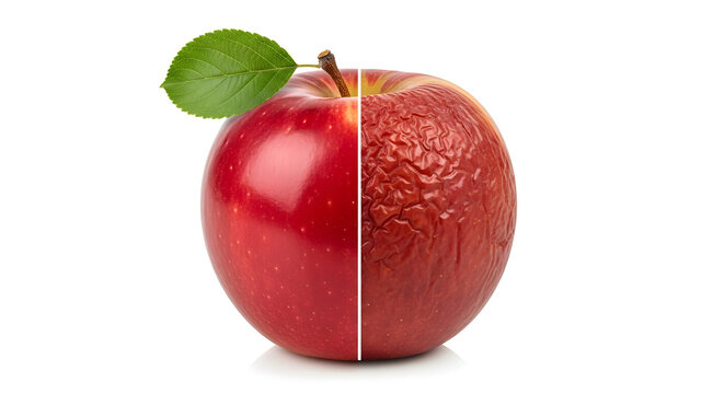 Vibrant fresh apple contrasted with withered aged fruit showing the passage of time and decay