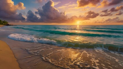 Tropical beach sunset with golden reflections and peaceful ocean waves