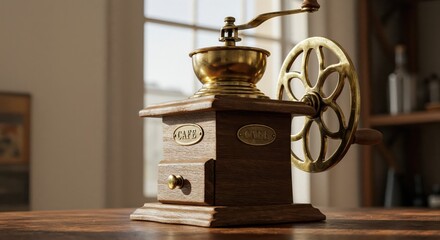 Antique Coffee Grinder: A classic antique coffee grinder stands proudly on a vintage wooden table, set against the warm light filtering through a nearby window.
