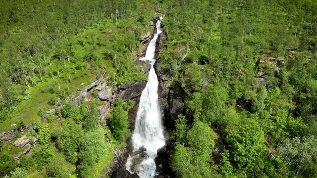 Aerial shot of Meelva Waterfall in northern Norway