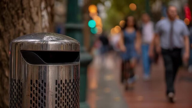 Medium shot of a sensorized streetside trash bin signaling fullness with a green light set against an urban sidewalk bustling with pedestrians.