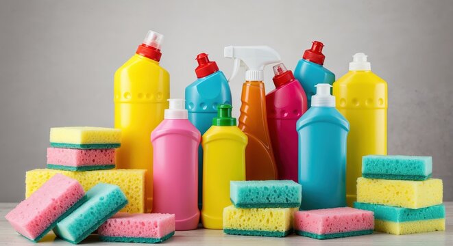 Cleaning Supplies Arrayed: An eye-level shot of various colorful bottles of cleaning products and stacks of sponges creates a visually engaging composition.