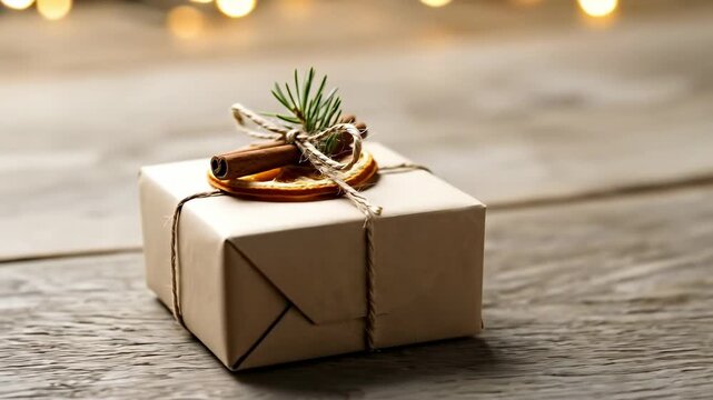 Rustic Christmas gift box wrapped in brown paper with natural decorations on a wooden background