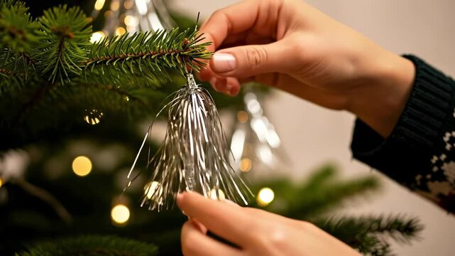 Close-up of a woman's hand in a festive patterned sweater hanging a sparkling silver tinsel ornament on a green Christmas tree branch with warm bokeh lights in the background.