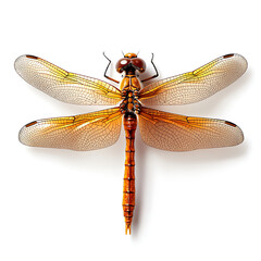 Detailed top view of dragonfly with vibrant orange and brown colors, showcasing intricate wing patterns and textures. This stunning insect