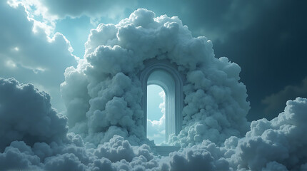 An arched doorway surrounded by fluffy clouds leads to a bright, ethereal light, suggesting a portal or gateway to another dimension.